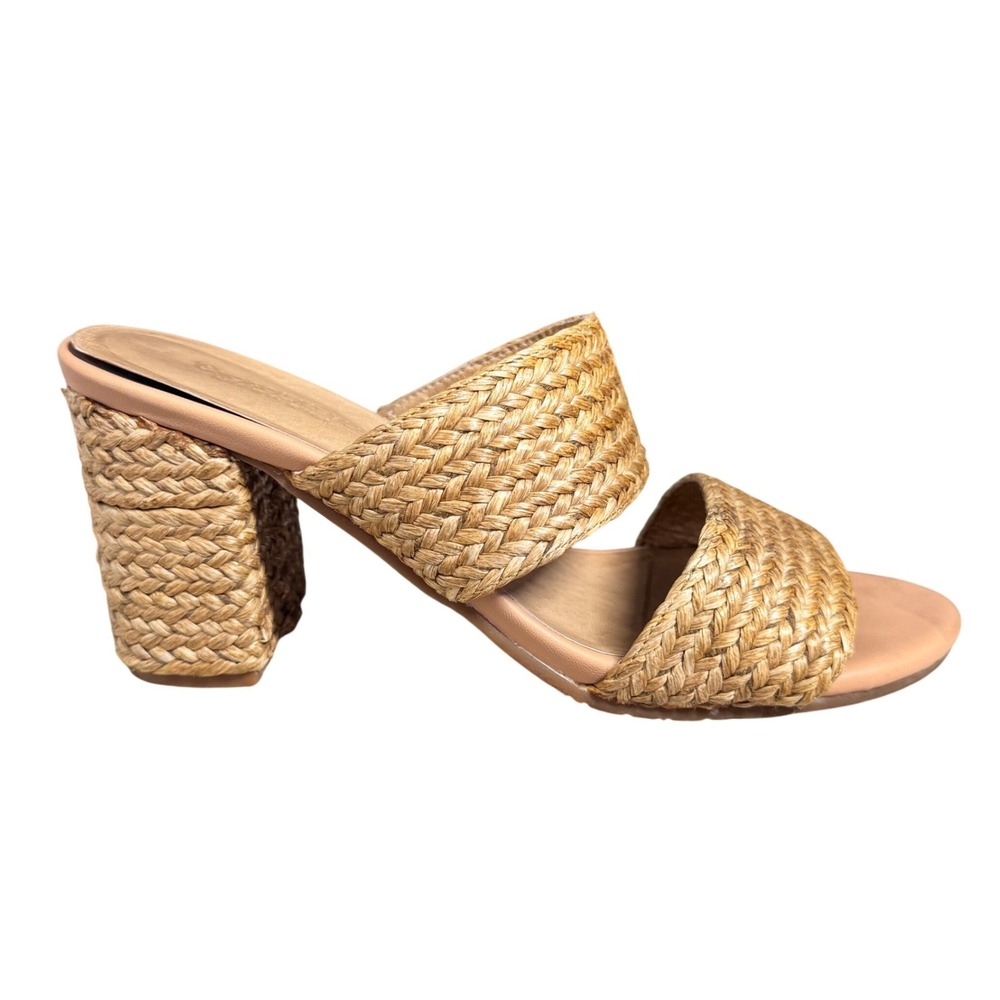 Chocolat Blu Calissa Raffia Woven Block Heel Slide Sandals Tan Womens 8